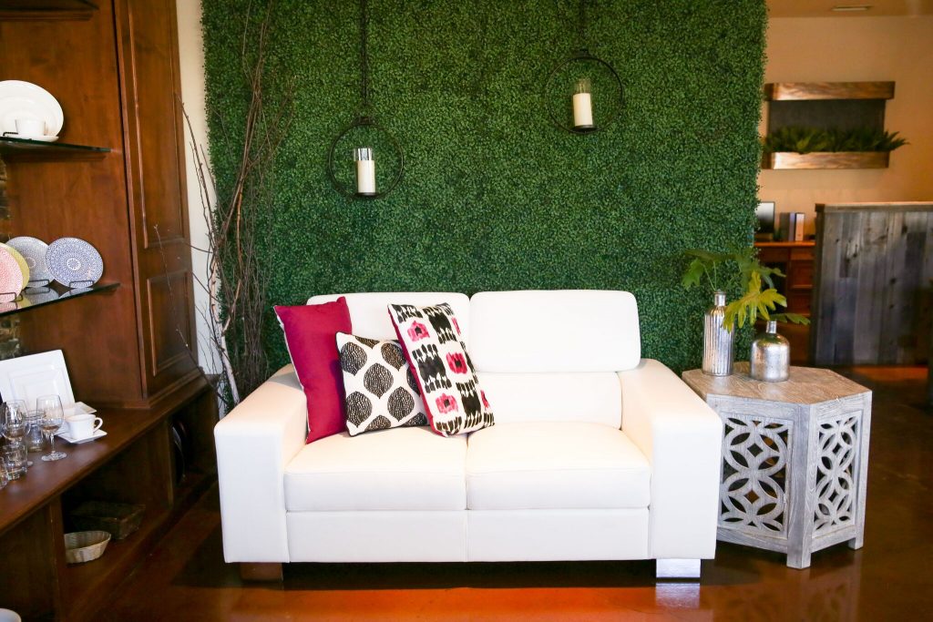 White couch with throw pillows