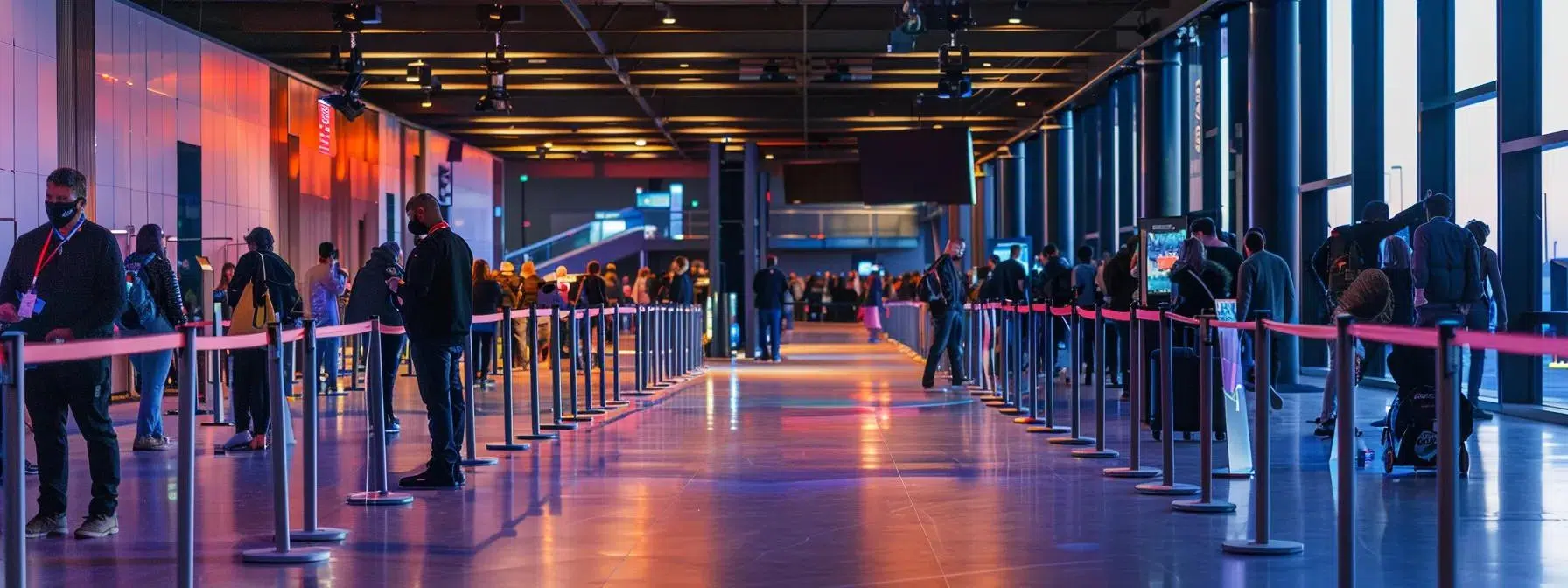 a bustling event venue showcases an efficiently organized queue system, featuring sleek crowd management accessories like retractable barriers and signage in an urban setting, ensuring a streamlined flow of attendees during check-in and exit.