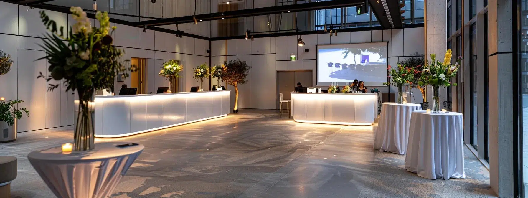 a sleek, modern event space bustling with an attentive team of professionals conducting on-site checks and managing the meticulous arrangement of elegant décor items while ensuring optimal lighting and seating configurations throughout a sophisticated celebration.