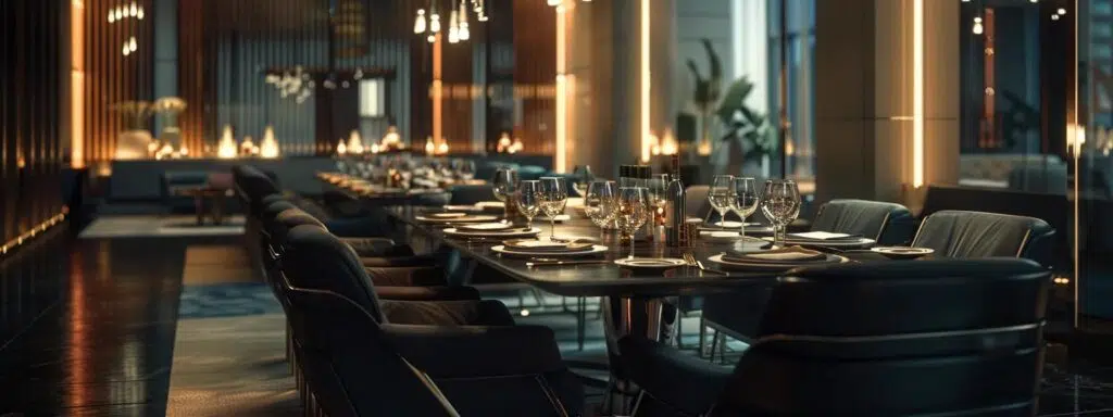 a sophisticated corporate dinner table is elegantly set with gleaming high-quality tableware and luxurious linens, illuminated by soft ambient lighting in a modern dining room, showcasing an atmosphere of refined professionalism and style.