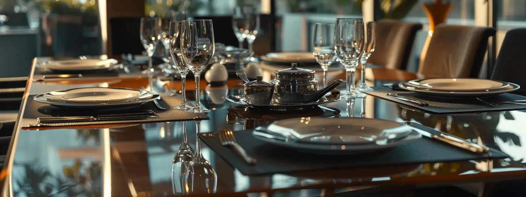 an elegantly arranged conference table, featuring polished cutlery and fine china, is set against a backdrop of a modern office, showcasing a refined atmosphere that emphasizes corporate professionalism.