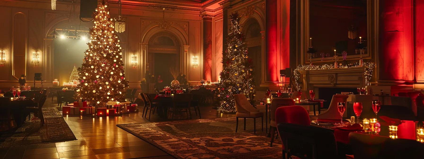 an elegantly arranged banquet hall featuring stylishly curated furniture rentals, adorned with festive decor and ambient lighting, creating a warm and inviting atmosphere for a corporate holiday gathering.