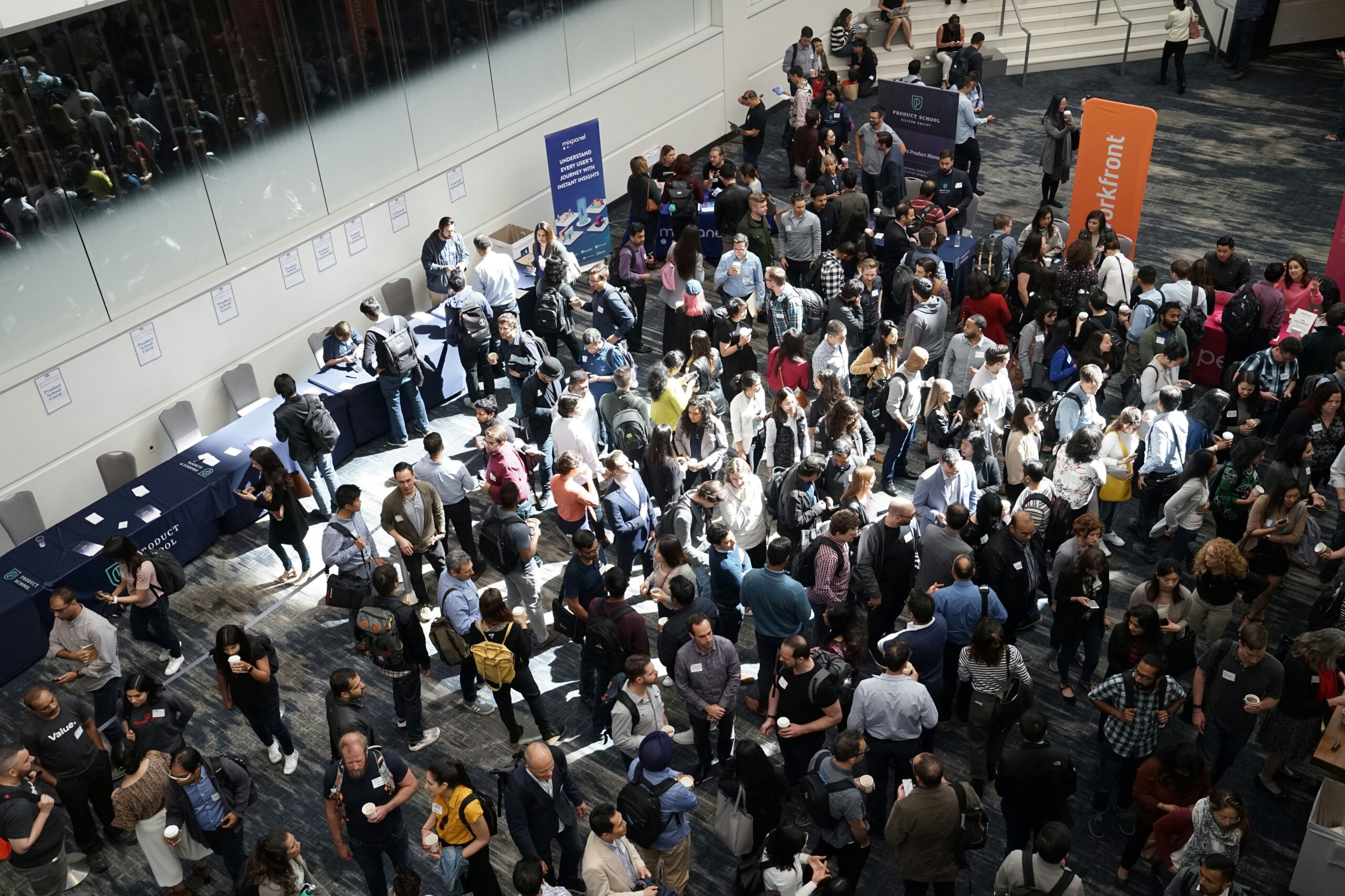 ariel view of a corporate event with directional signage