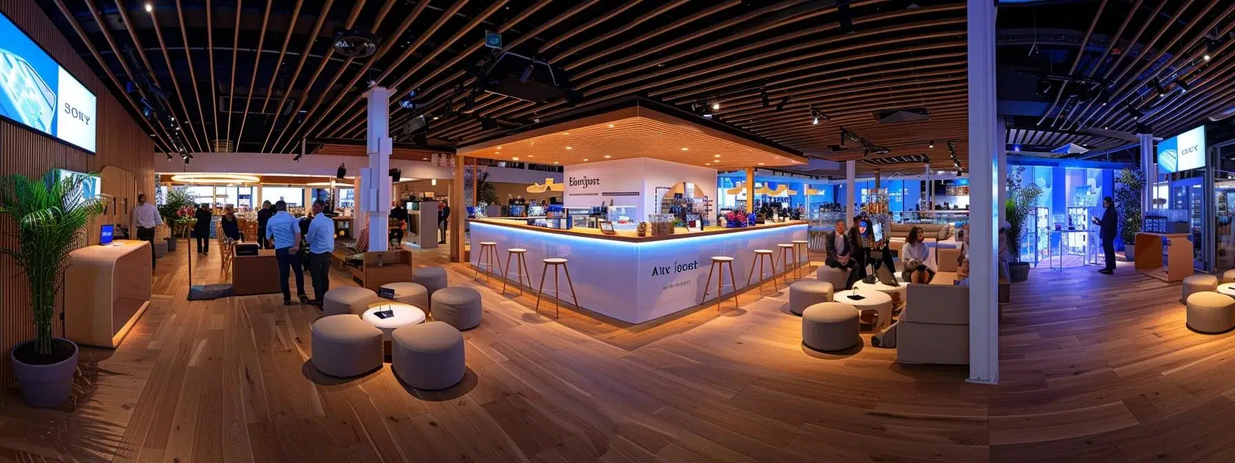 a bustling corporate event space filled with elegantly arranged networking lounges, soft ambient lighting, and tasteful refreshment stations that invite attendees to engage and connect.