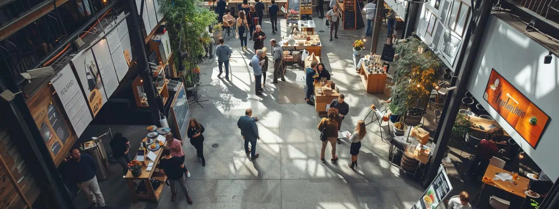 a busy event space with strategically placed vibrant rented signs and easels, showcasing a coordinated setup with staff engaging in discussions, all under bright, focused artificial lighting that emphasizes the importance of effective logistics management.