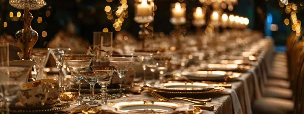 a lavishly decorated table set for a themed celebration, featuring elegantly arranged party-ready tableware and luxurious linens under warm, ambient lighting to create an inviting atmosphere.