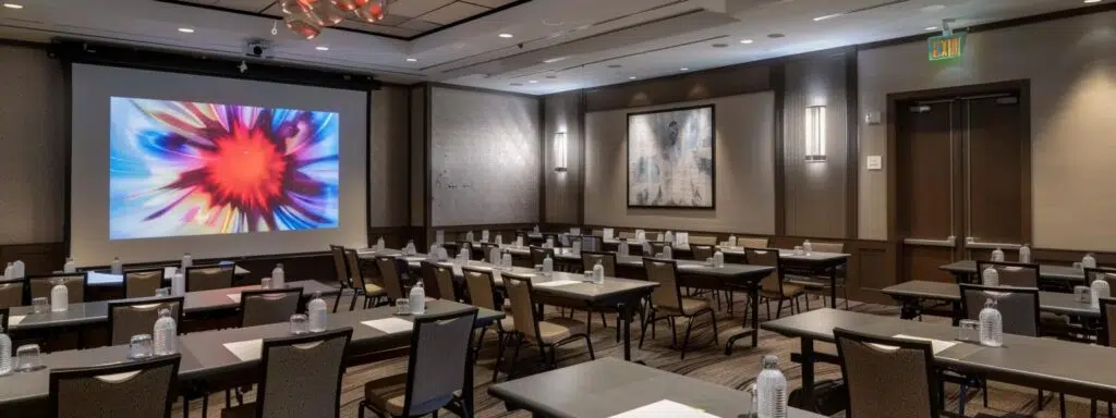 a modern corporate conference room features a sleek, high-definition projector displaying a vibrant presentation on a large screen, surrounded by polished glass tables and ergonomic chairs, illuminated by focused spotlights that enhance the professional atmosphere.
