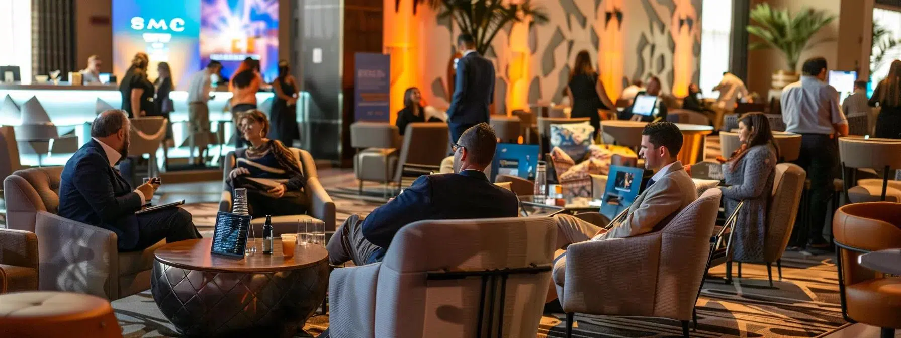 a modern corporate networking lounge bustling with professionals engaged in dynamic conversations, featuring sleek furniture, strategic seating arrangements, and stylish decor that fosters an atmosphere of collaboration and engagement.
