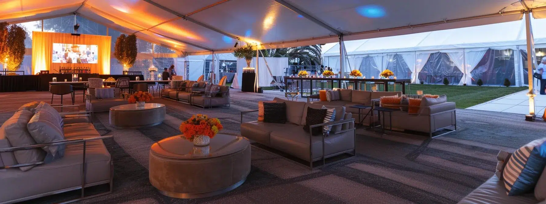 a polished corporate tent showcases elegant flooring and sophisticated furnishings, creating a refined atmosphere with stylish seating arrangements and ambient lighting, designed for upscale events.