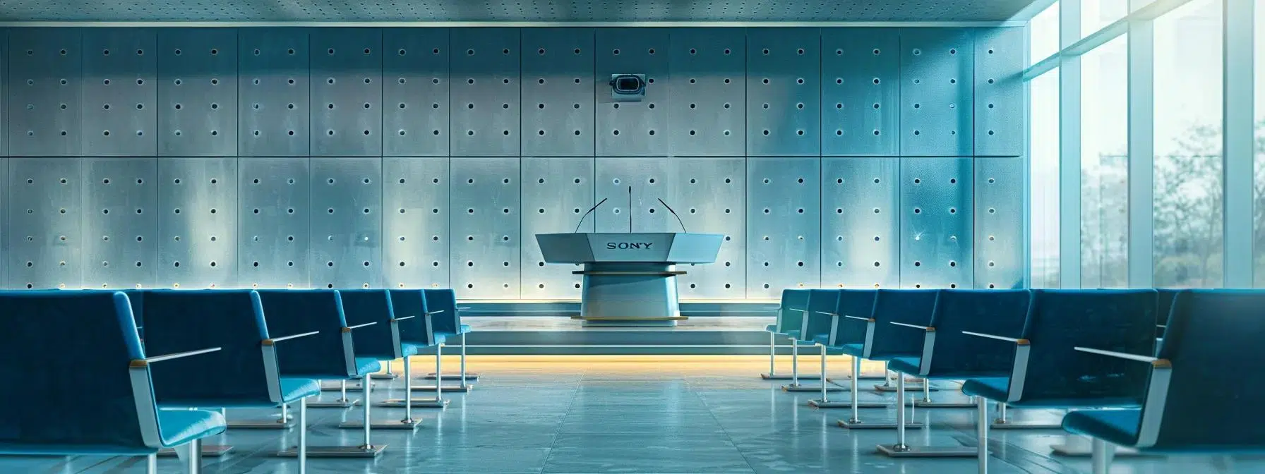 a sleek, modern conference room is abuzz with anticipation, featuring an elegant podium equipped with high-end microphones and a sophisticated sound system, embodying the essence of impeccable audio quality crucial for impactful corporate speeches and events.