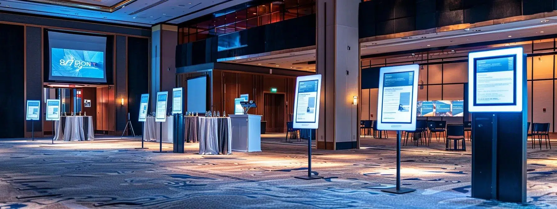 a sleek, modern conference room filled with strategically placed, branded signage on easels, showcasing clear directional information against a backdrop of a well-organized venue layout, illuminated by bright overhead lights.
