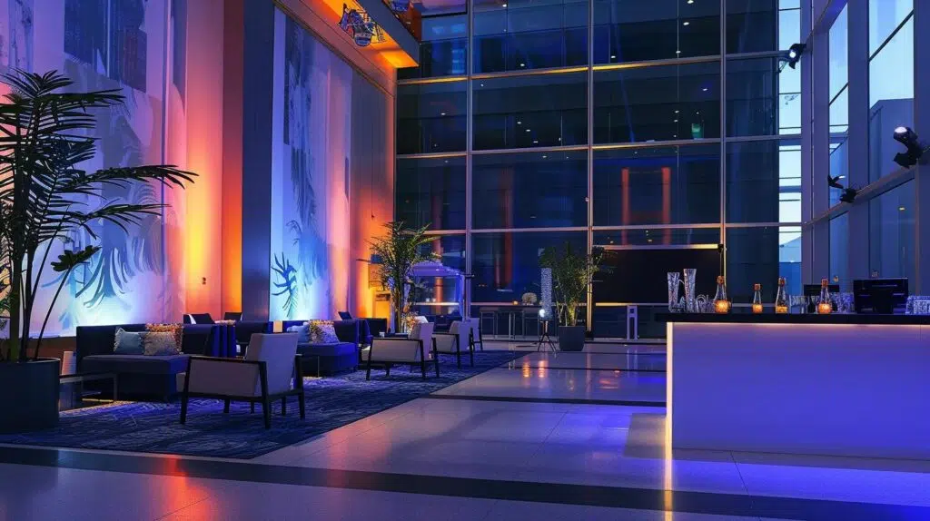 a sleek, modern corporate event space adorned with elegant lighting and dynamic seating arrangements, designed to foster networking and collaboration among upscale attendees.