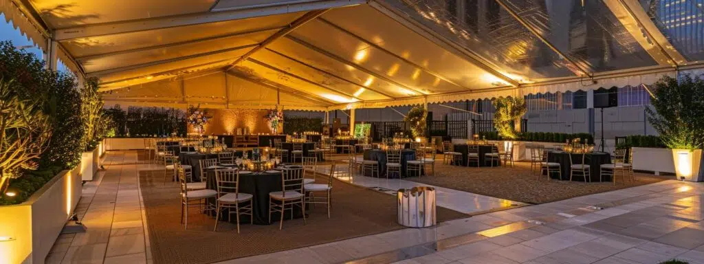 a sleek, modern corporate event setup featuring an elegantly arranged tent with sophisticated seating, polished table settings, and ambient lighting, all set against a bustling urban backdrop that embodies professionalism and style.