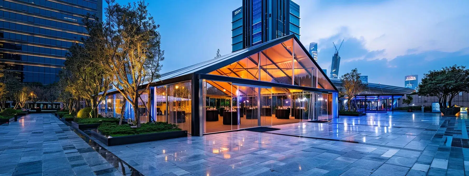 a sleek, modern corporate tent stands prominently in a polished urban setting, elegantly adorned for a high-stakes business event, showcasing branded elements that reflect sophistication and professionalism.