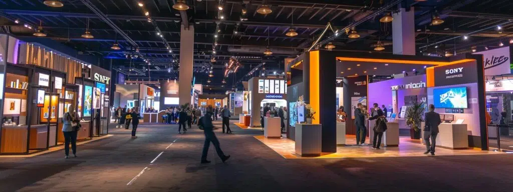 a vibrant trade show booth bustling with attendees, showcasing strategically placed, eye-catching signage and elegant easels that highlight the latest innovations, all illuminated by dynamic spotlights in a modern indoor convention center.