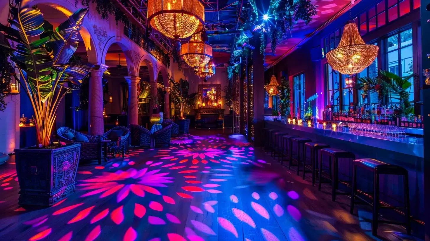a lavishly adorned event space featuring dynamic, colorful lighting displays and elegantly styled decor, immersing guests in an atmosphere of creativity and sophistication.