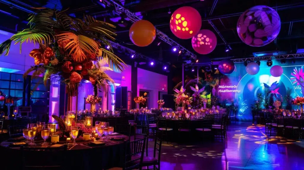 a lavishly decorated indoor event space filled with elegant table settings, vibrant balloons, and tasteful lighting, exuding a festive atmosphere perfect for personalizing private parties and celebrations.