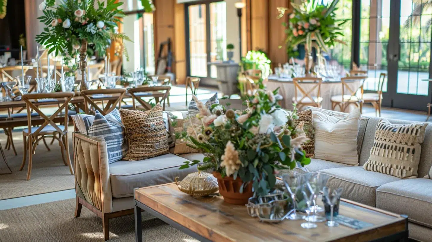 a meticulously arranged indoor event space, showcasing elegant rented furniture set up for a family gathering, with sophisticated decor accentuating the importance of thoughtful planning and logistical support.