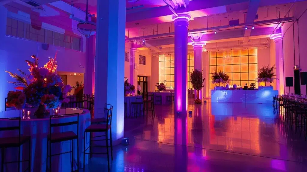 a sleek, elegantly decorated event space bathed in ambient, colorful lighting creates an inviting atmosphere for a sophisticated private gathering.