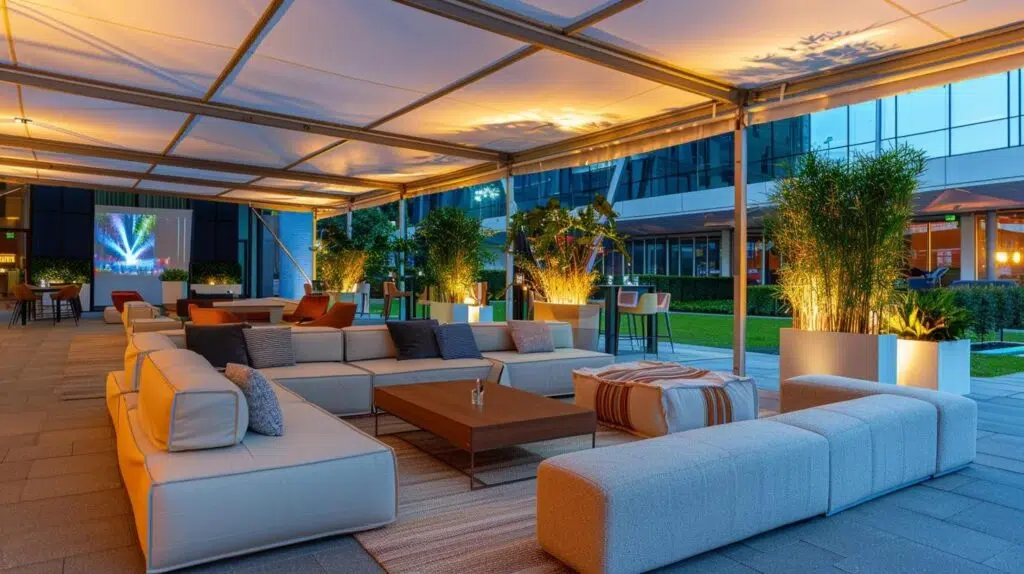 a sleek, modern corporate outdoor event setup features sophisticated climate-control units visibly at work, ensuring guests enjoy a comfortable atmosphere amid an elegantly arranged seating area with stylish canopies and ambient lighting.
