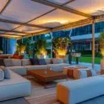 a sleek, modern corporate outdoor event setup features sophisticated climate-control units visibly at work, ensuring guests enjoy a comfortable atmosphere amid an elegantly arranged seating area with stylish canopies and ambient lighting.