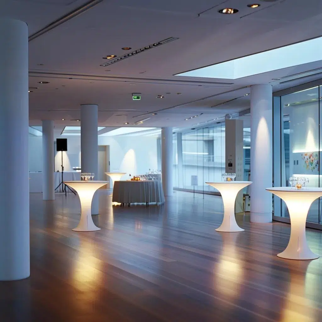 a sophisticated corporate event space elegantly arranged with sleek white tables and modern decor, illuminated by soft overhead lighting, showcasing an inviting atmosphere for networking and collaboration.