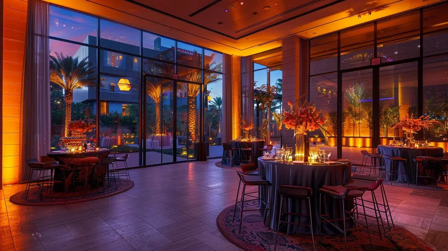 a sophisticated indoor event space, elegantly illuminated with adjustable warm-tone lighting, creates an inviting atmosphere that enhances the theme and guest experience for a private celebration.