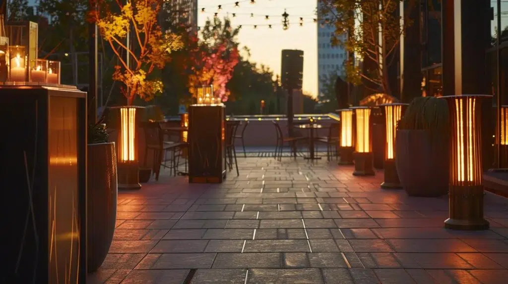 a sophisticated outdoor event setup features elegant flooring and sleek heaters, illuminated by warm ambient lighting against a stylish urban backdrop, conveying a sense of refined celebration and comfort.