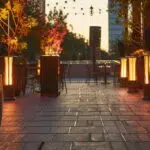 a sophisticated outdoor event setup features elegant flooring and sleek heaters, illuminated by warm ambient lighting against a stylish urban backdrop, conveying a sense of refined celebration and comfort.