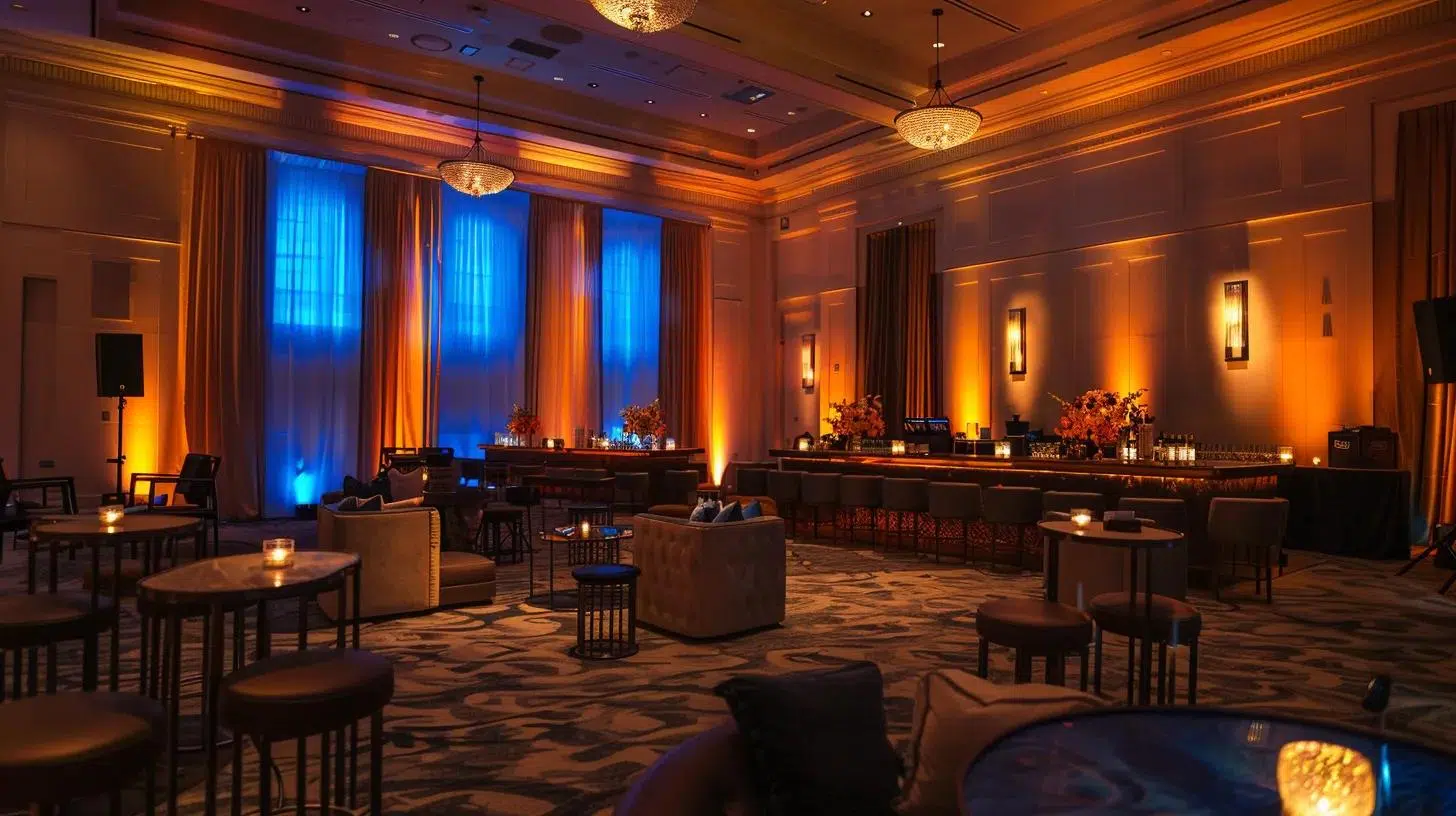 a sophisticated private event space is dramatically lit with a blend of warm and cool tones, showcasing elegant decor that enhances an inviting yet modern atmosphere, perfect for fostering connection among guests.