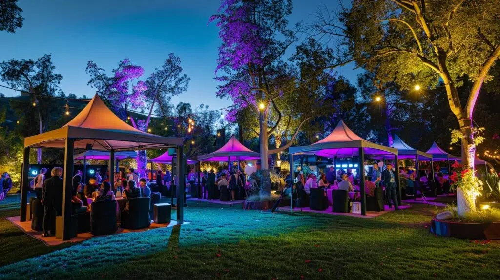 a spacious, elegantly arranged outdoor event setup features diverse tents and canopies showcasing distinct styles and colors, with guests mingling under ambient lighting, creating a vibrant atmosphere for private gatherings.
