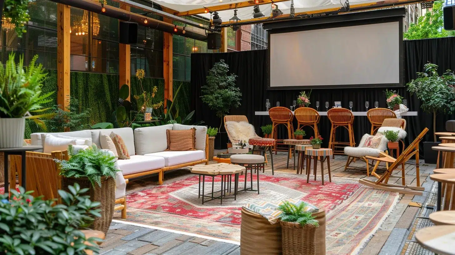 a stylish outdoor event space elegantly furnished with weather-resistant rental seating and tables, showcasing vibrant decor and an inviting ambiance for family gatherings.