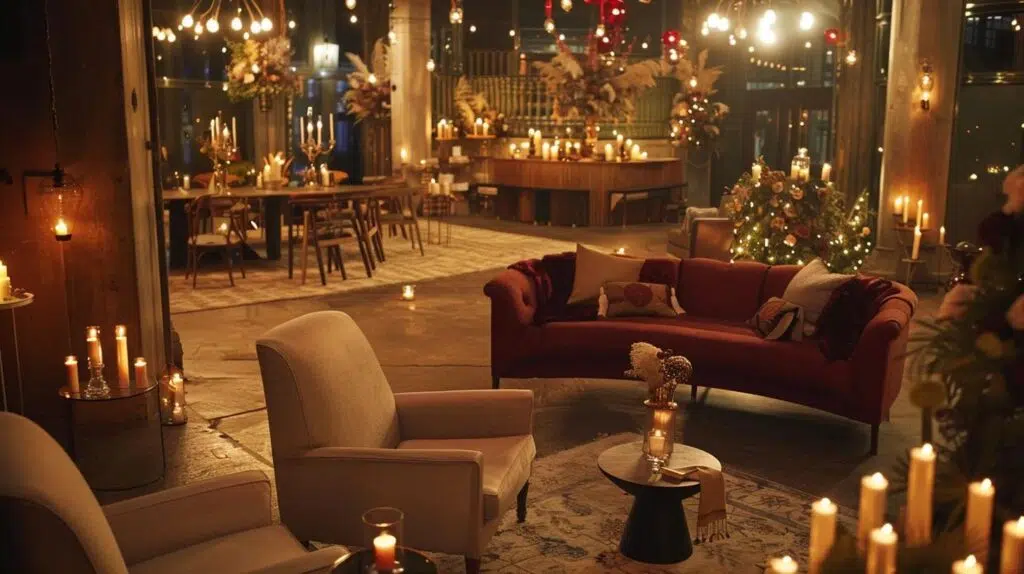 a stylishly arranged intimate family celebration setting, featuring elegant furniture and soft ambient lighting, showcased in a tastefully decorated indoor space that emphasizes warmth and togetherness.