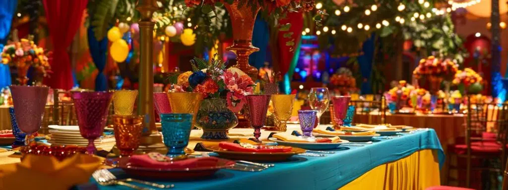 a stylishly decorated indoor party space featuring an elegant banquet table adorned with colorful tableware and festive decorations, creating an inviting atmosphere for celebrating birthdays and anniversaries.