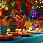 a stylishly decorated indoor party space featuring an elegant banquet table adorned with colorful tableware and festive decorations, creating an inviting atmosphere for celebrating birthdays and anniversaries.