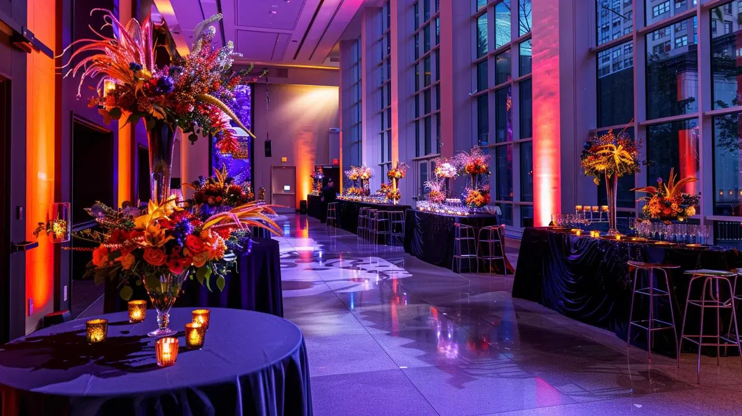 a vibrant and elegantly styled event space adorned with a harmonious array of rich color palettes and luxurious textures, showcasing tables set for an upscale party, each arrangement artfully crafted to evoke a sense of celebration and sophistication.