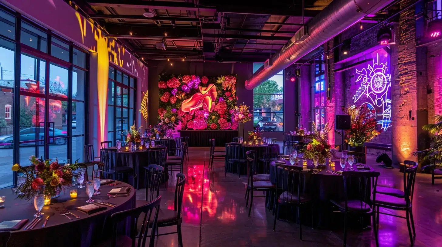 a vibrant, professionally designed event space brimming with themed décor, unique color palettes, and engaging personal touches, set against a backdrop of elegant signage that highlights a seamless flow from setup to takedown.
