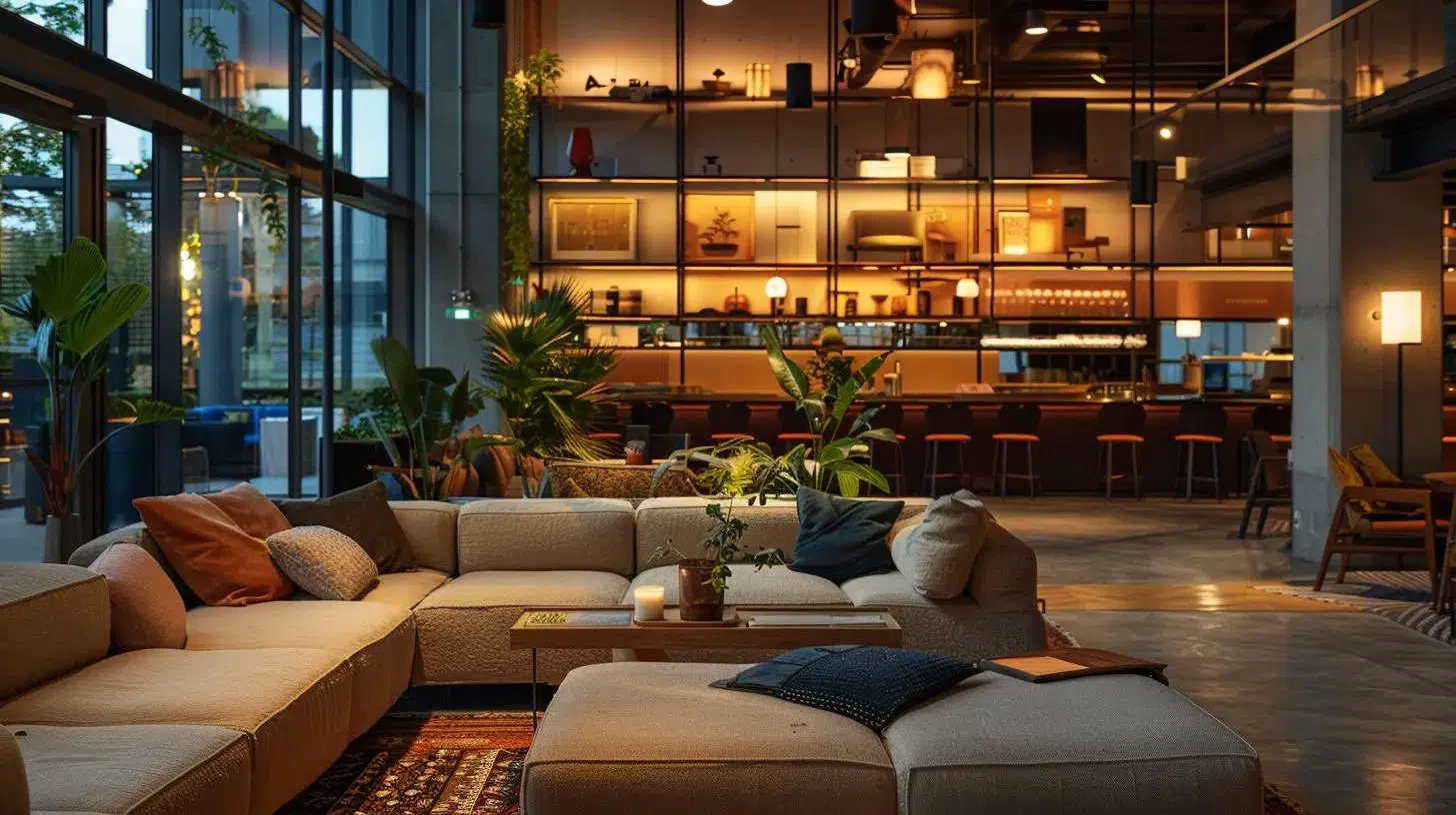 a warmly lit urban lounge showcases a collection of plush, inviting sofas and armchairs arranged in a cozy, intimate setting, perfect for fostering engaging conversations and close-knit gatherings.
