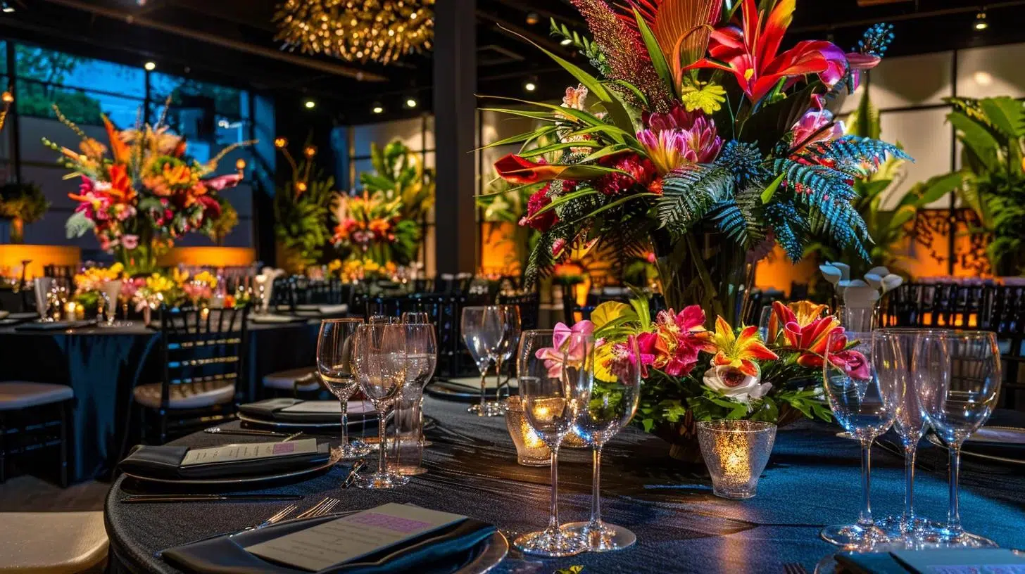 an elegantly styled indoor event space is adorned with lavish décor rentals, featuring a beautifully set banquet table, vibrant centerpieces, and themed accents that convey sophistication and creativity for a private party ambiance.