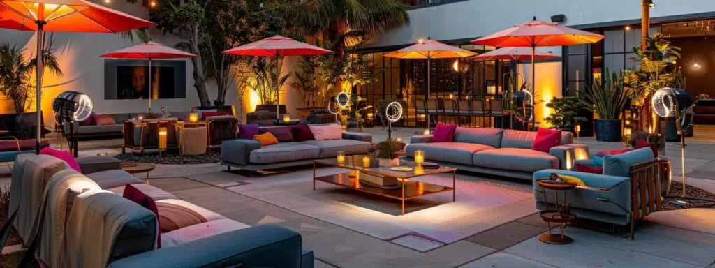 a chic outdoor party setup featuring elegant heaters, stylish fans, and colorful umbrellas, all arranged on a sleek patio with modern furniture, illuminated by ambient lighting to create a vibrant atmosphere.