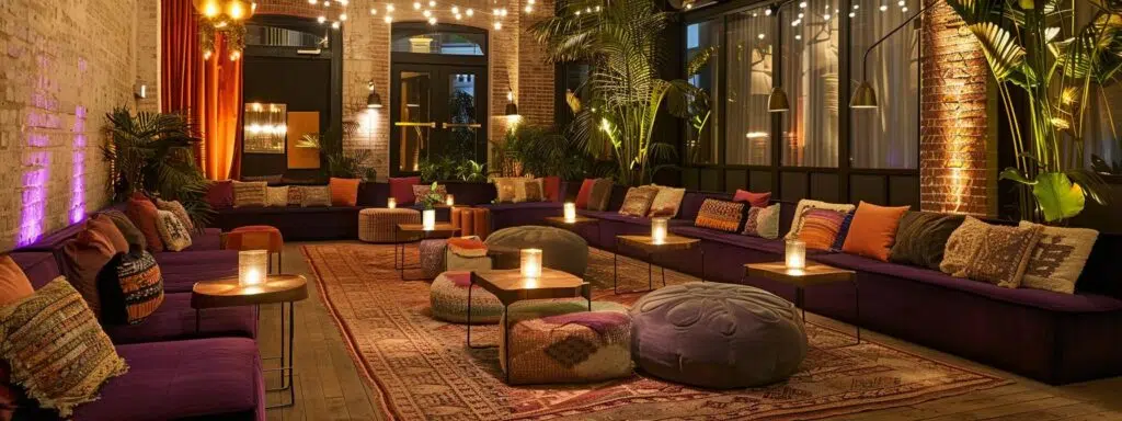 a stylishly arranged lounge area with plush, modern seating, ambient lighting, and elegant decor, designed for intimate gatherings and private events in a chic urban venue.