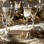 an elegant dining table set with unique, intricately designed tableware and luxurious linens, artfully arranged to enhance the atmosphere of a festive family celebration in a sophisticated indoor setting.