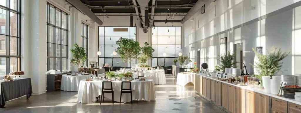a sleek, modern event planning office is filled with meticulously organized rental materials, showcasing elegant table setups and stylish décor options against a backdrop of large windows and sophisticated workspace design.