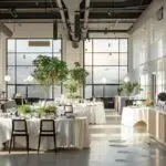 a sleek, modern event planning office is filled with meticulously organized rental materials, showcasing elegant table setups and stylish décor options against a backdrop of large windows and sophisticated workspace design.