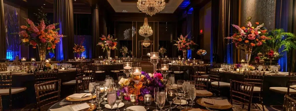 an elegantly arranged event space, adorned with sophisticated specialty décor rentals, showcasing a luxurious banquet table set with opulent centerpieces and atmospheric lighting that enhances the festive ambience.