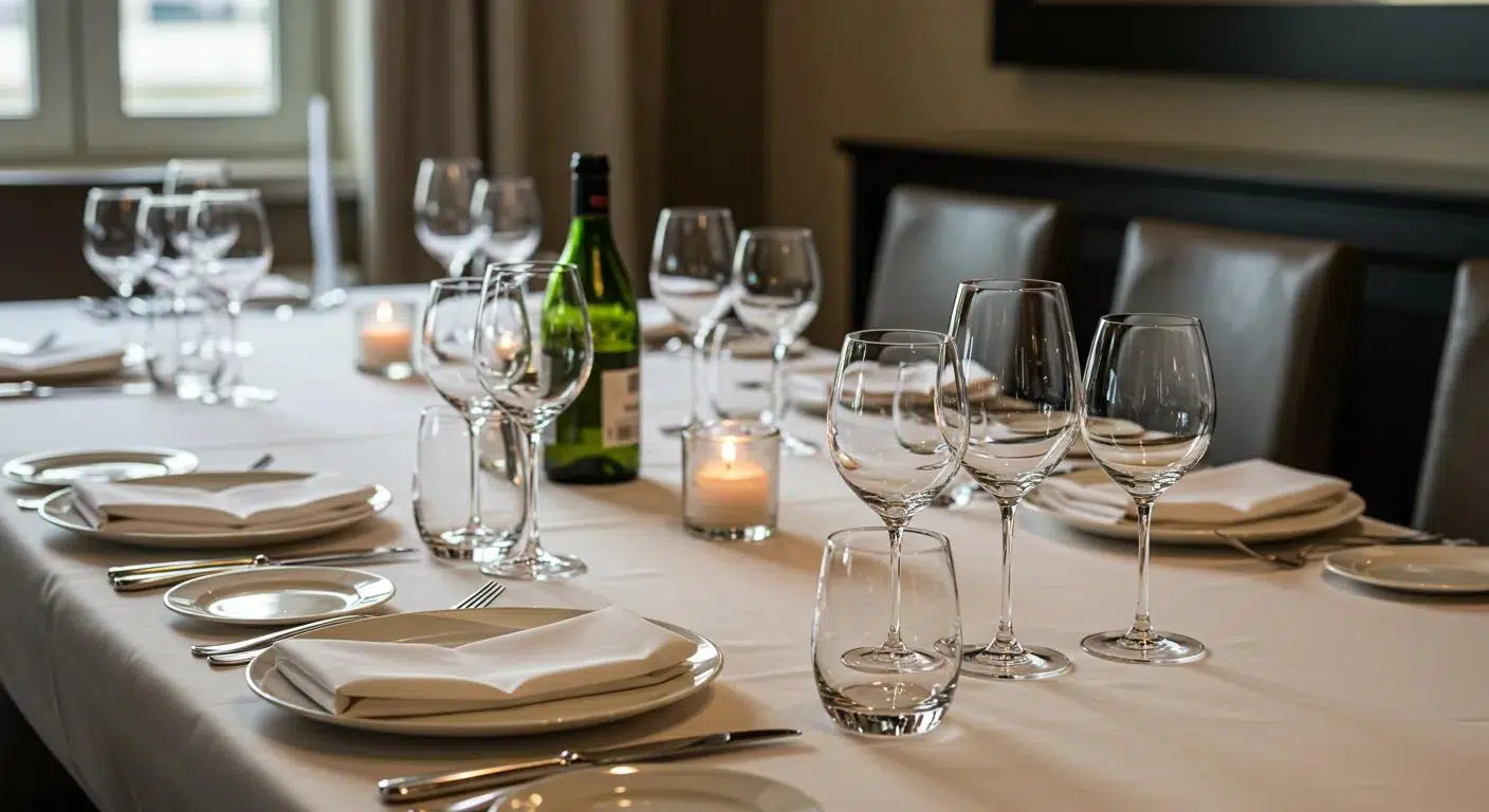 an elegantly set dining table showcases a coordinated glassware and flatware set, featuring sparkling crystal wine glasses and sleek stainless steel cutlery, creating a sophisticated ambiance perfect for a refined dining experience.