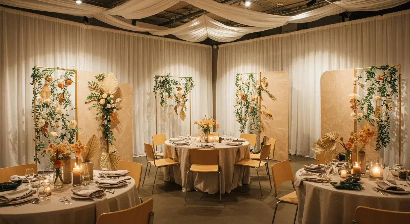 a stylish event space adorned with elegant, sustainable linen drapes and table settings, showcasing modern decor that highlights eco-friendly practices and brand commitment to sustainability.