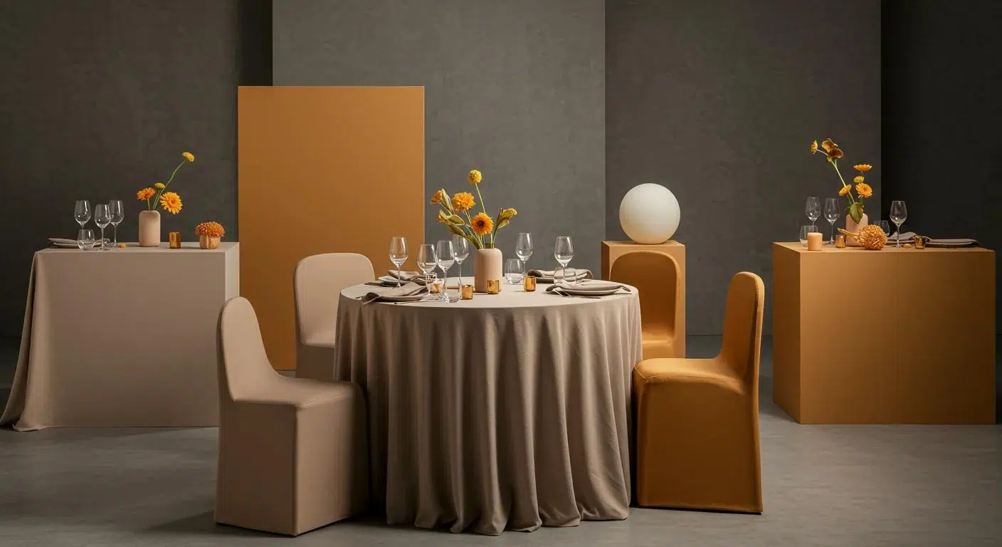 a sophisticated event setup displays elegantly draped linen in earthy tones of taupe, beige, and ochre, arranged on minimalist tables against a sleek urban backdrop, creating a refined atmosphere that highlights the beauty of simplicity.