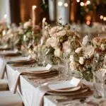 Elegant wedding tablescape with linens, dinnerware, and floral arrangements