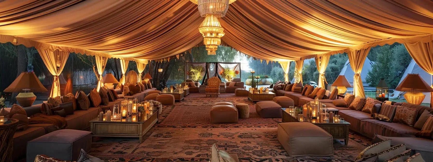 a beautifully arranged tent interior showcases an elegant theme, featuring rich draped fabrics, stylish seating, and custom banners that create a captivating and immersive atmosphere for a sophisticated event.